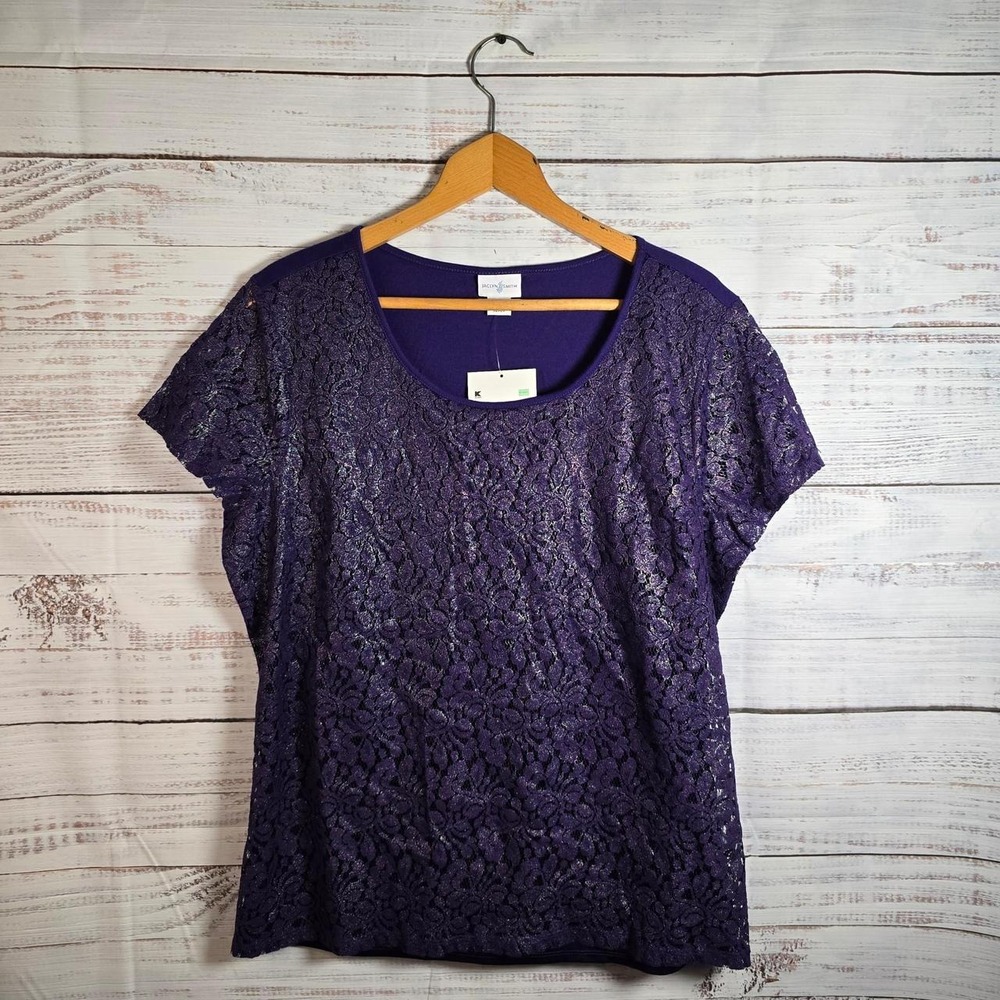 Jaclyn Smith XL Purple Metallic Lace Overlay Top Short Sleeve Blouse